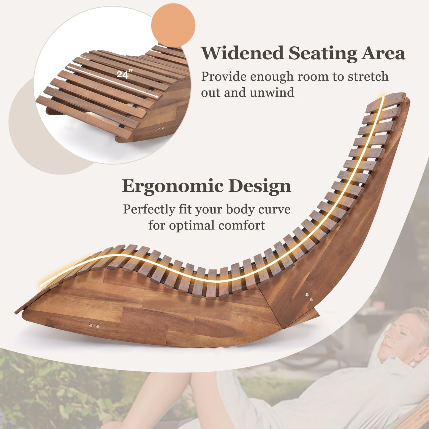 Chaise à bascule d'extérieur Tangkula en bois d'acacia, fauteuil à bascule de véranda avec siège à lattes élargi et dossier haut