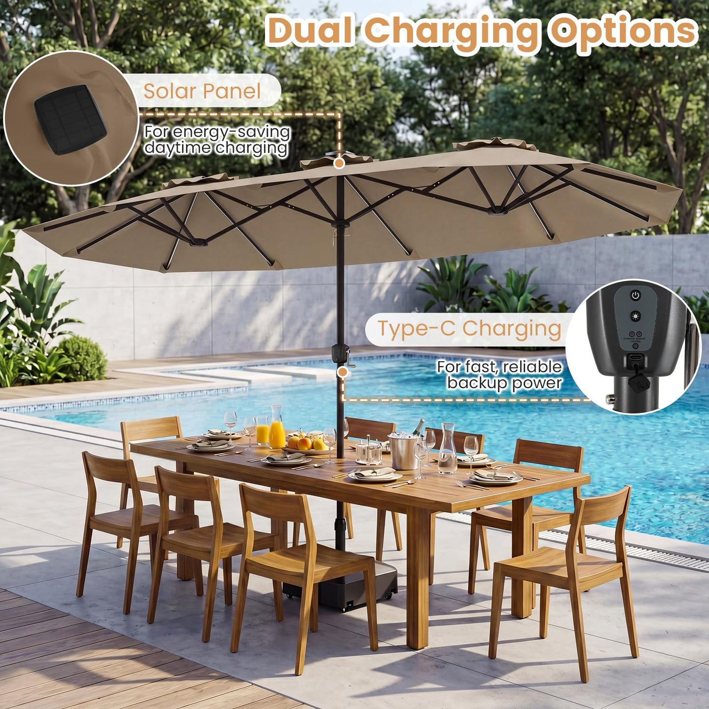 Tangkula 13 Ft Solar Patio Umbrella with Multi-Colored Flowing LED Lights