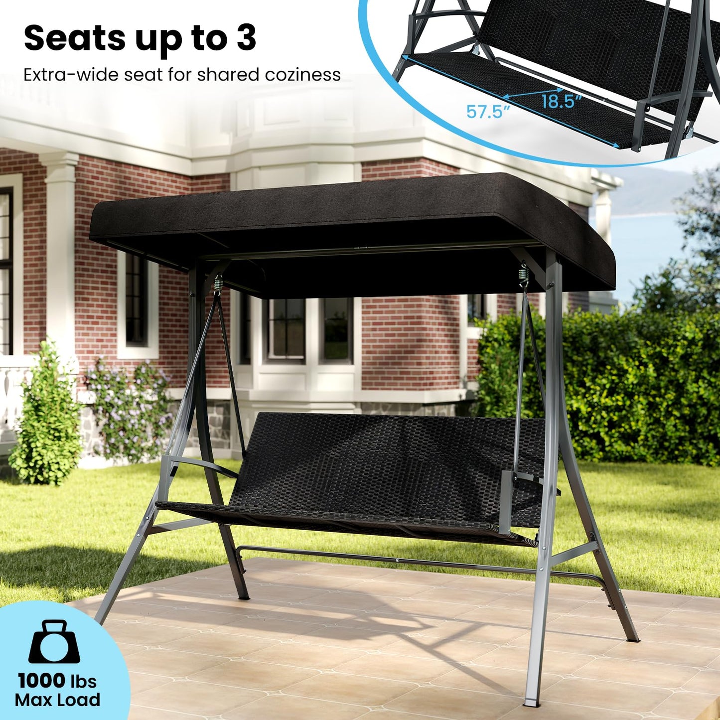 Tangkula 3 Person Wicker Porch Swing for Backyard