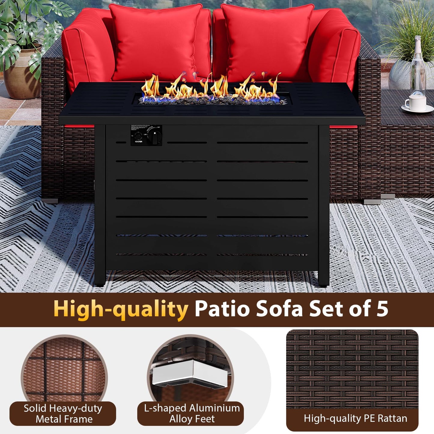 Tangkula 5 Piece Patio Rattan Sectional Sofa Set with 60,000 BTU Firepit Table
