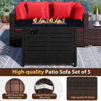 Tangkula 5 Piece Patio Rattan Sectional Sofa Set with 60,000 BTU Firepit Table