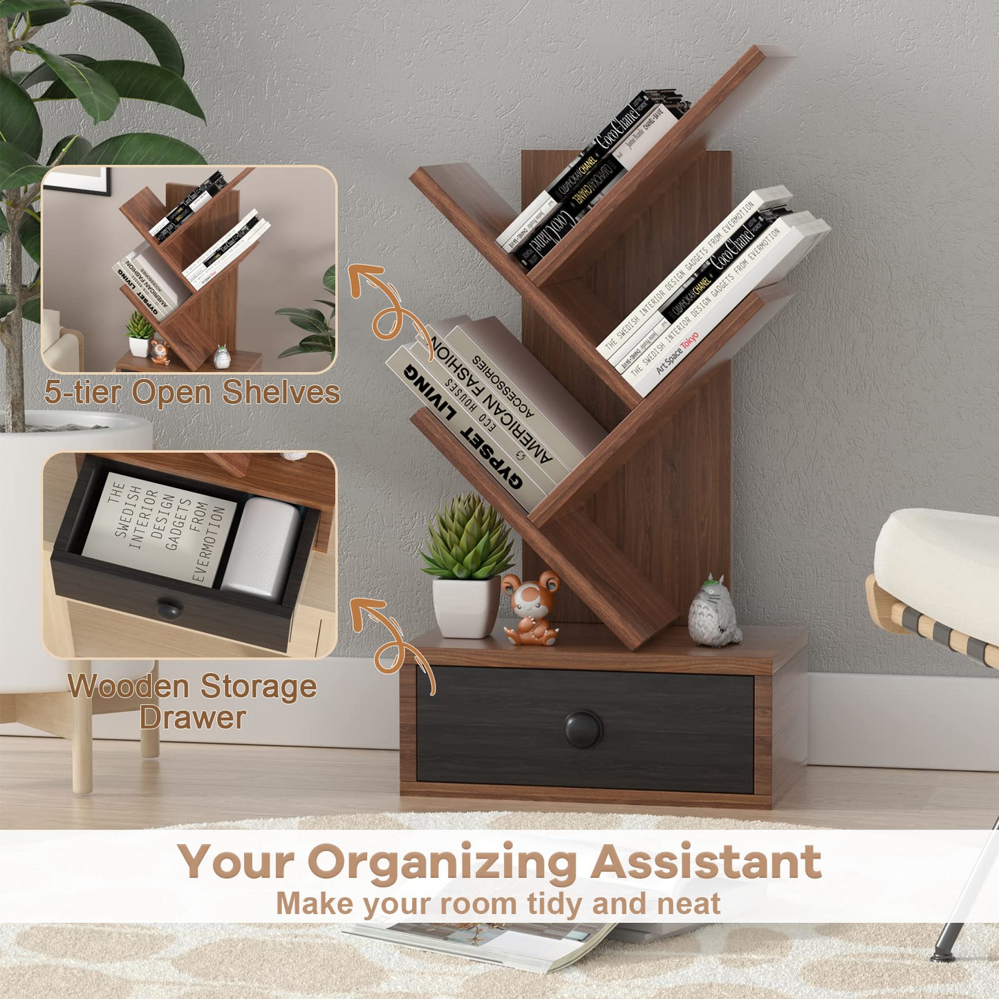 Tangkula 5 Tier Tree Bookshelf with Drawer, Rustic 5 Shelf Space Saving Corner Bookcase