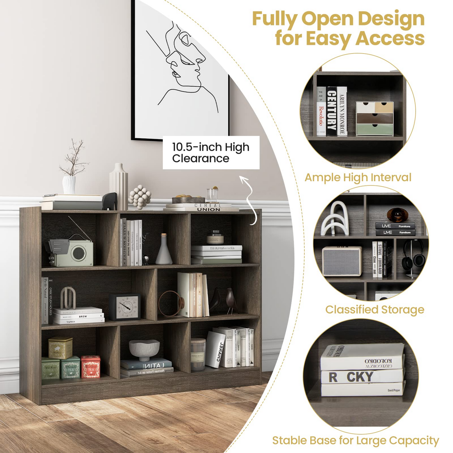 Tangkula 8-Cube Bookcase, Wood 3 Tier Open Storage Bookshelf, Modern Multipurpose Display Cabinet