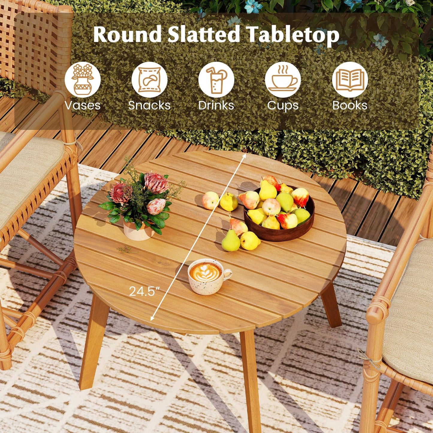 Tangkula Table d'appoint d'extérieur de 24,5 pouces en bois d'acacia, table de bistrot ronde d'appoint pour terrasse