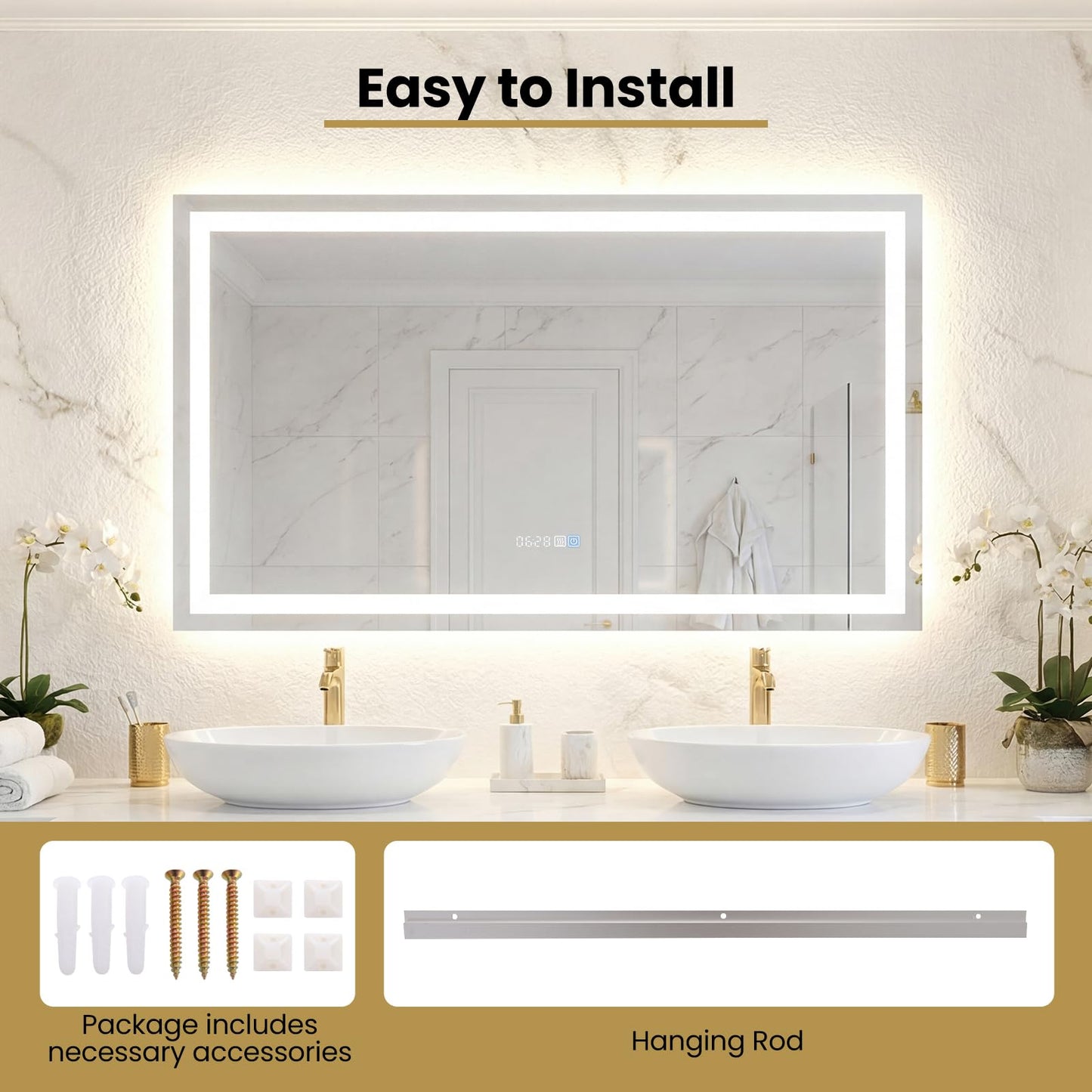 Tangkula 45" x 28" Miroir de salle de bain mural à LED avec lumières dimmables 3 couleurs