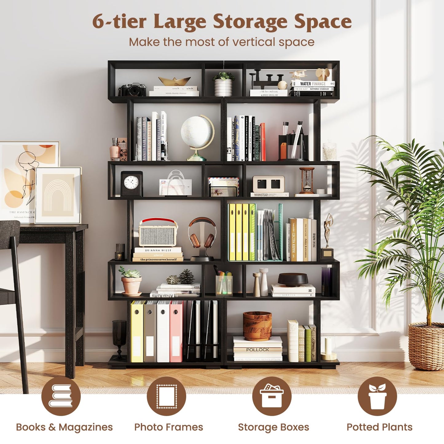 Tangkula 6 Tier S Shaped Bookshelf for Study