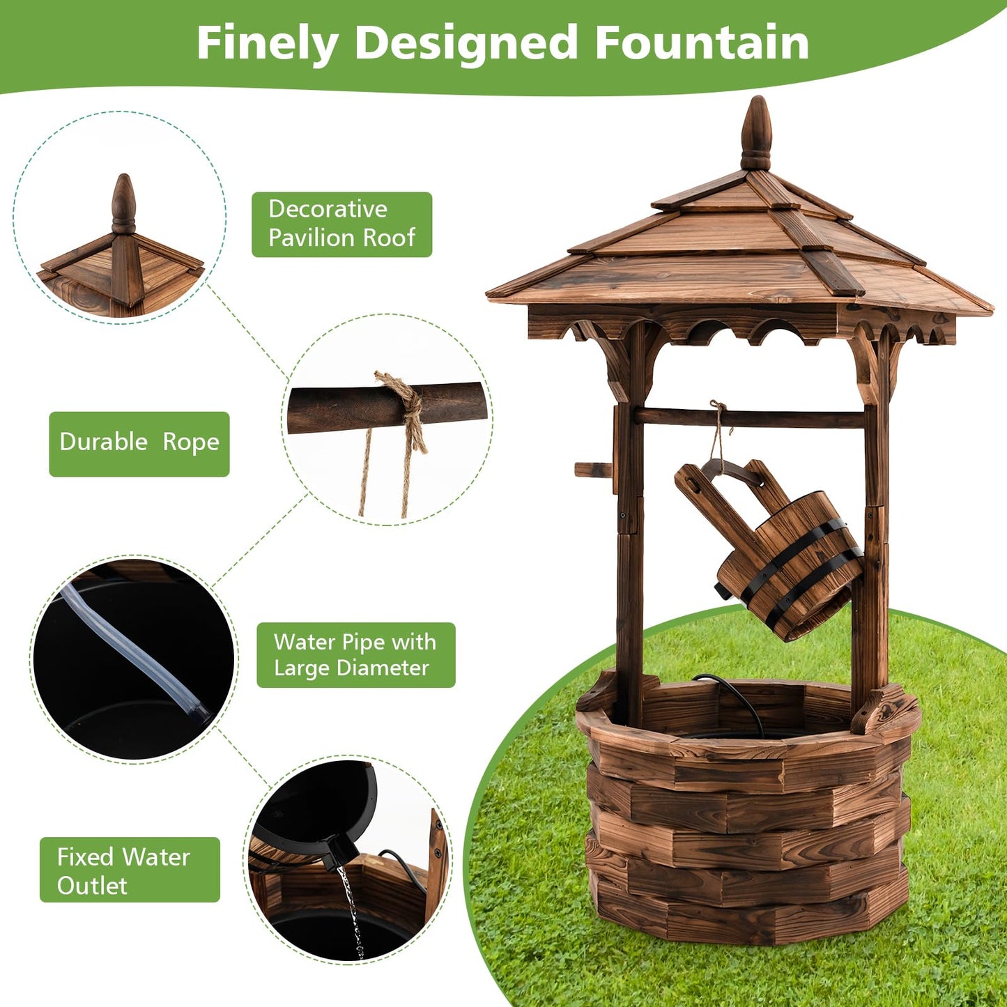 Fontaine en cascade en bois de style ancien Tangkula pour l'extérieur avec pompe à seau (22,5" x 22,5" x 48,5")