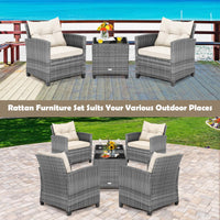 Tangkula PE Rattan Wicker 3 Pcs Outdoor Sofa Set w/Washable Cushion and Tempered Glass Tabletop