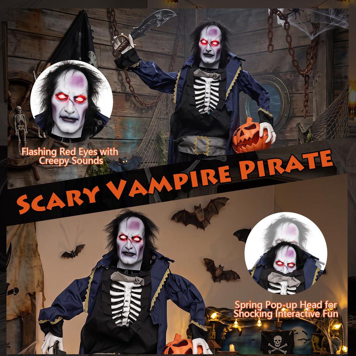 Tangkula 6 FT Animated Halloween Vampire Pirate Decoration with Pop-up Head