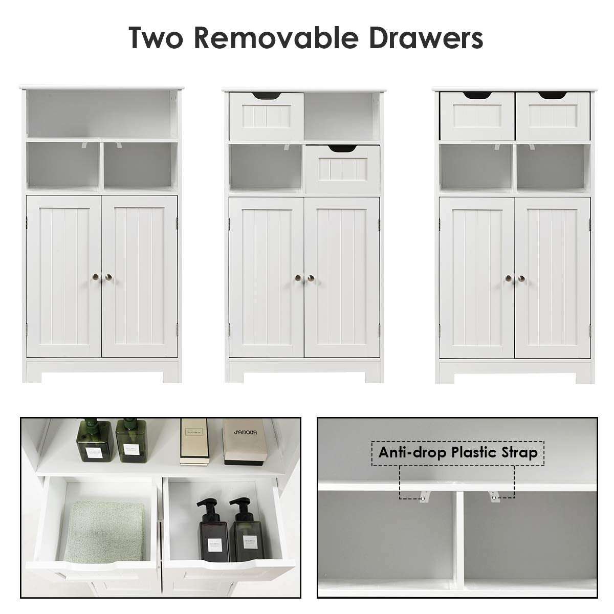 Tangkula Bathroom Floor Cabinet, Storage Cabinet w/One Open Shelf Two Doors and Two Adjustable Drawers, Standing Cupboard for Kitchen