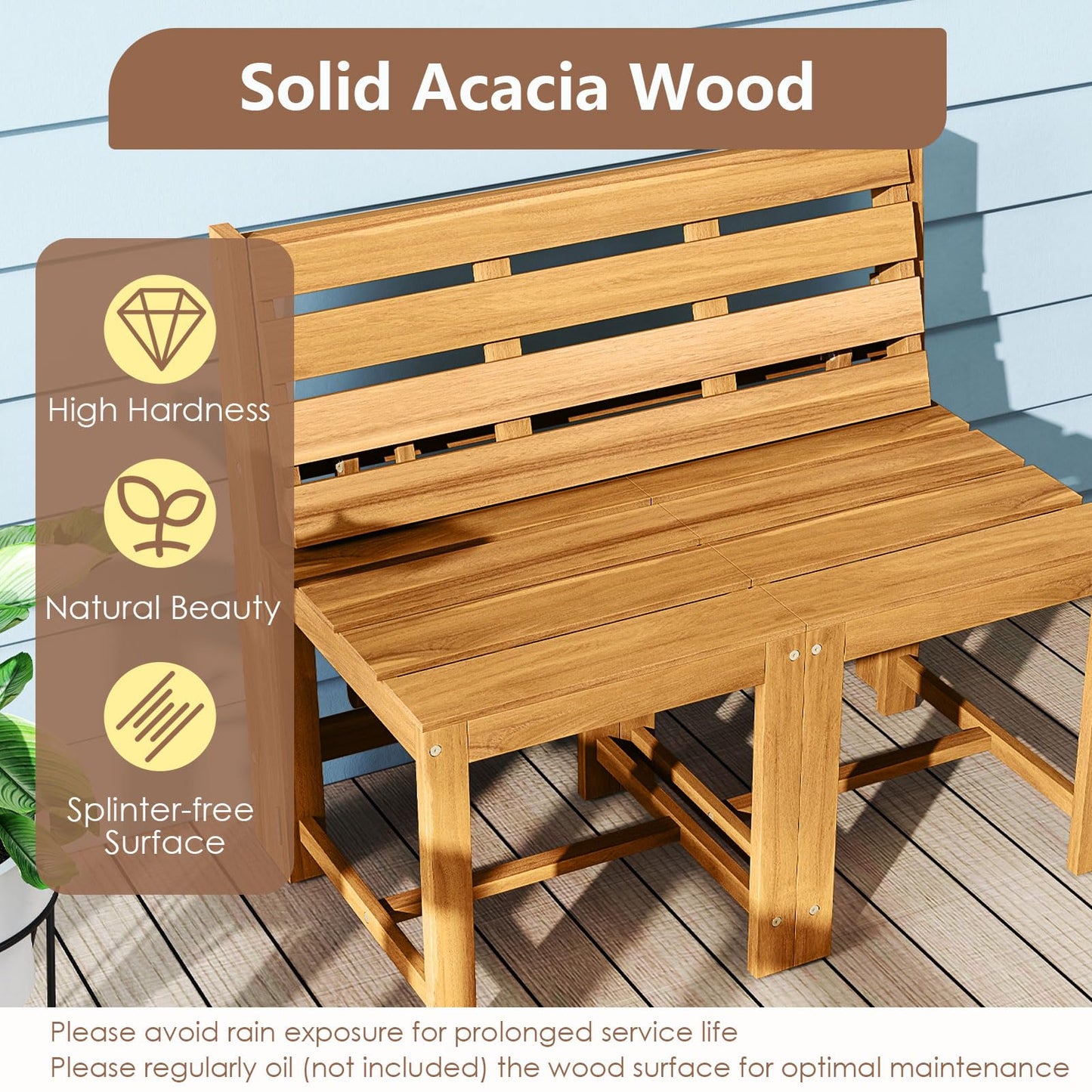 Tangkula 3 in 1 Outdoor Acacia Wood Loveseat Bench Furniture