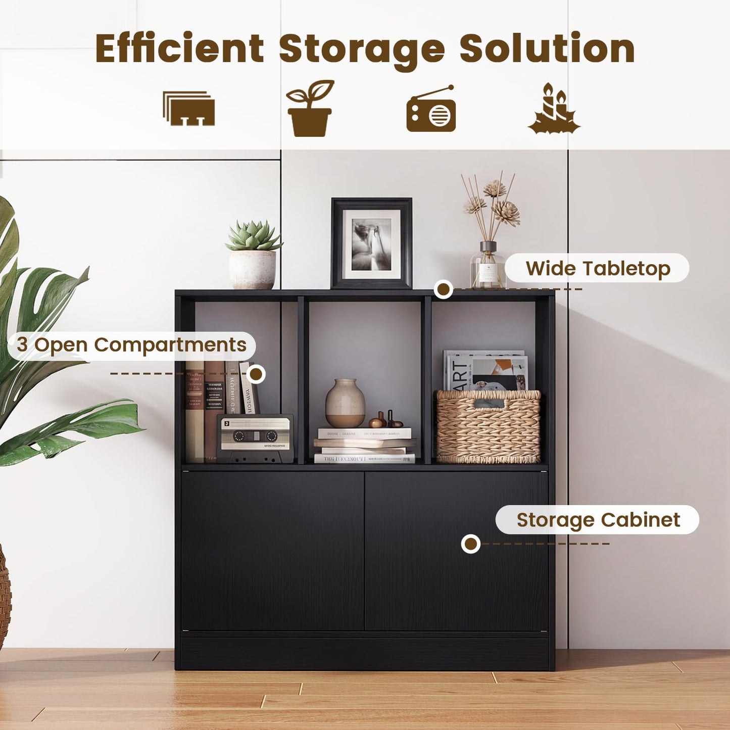 Tangkula 3-Tier Bookshelf with Cabinet for Study Home Office Living Room