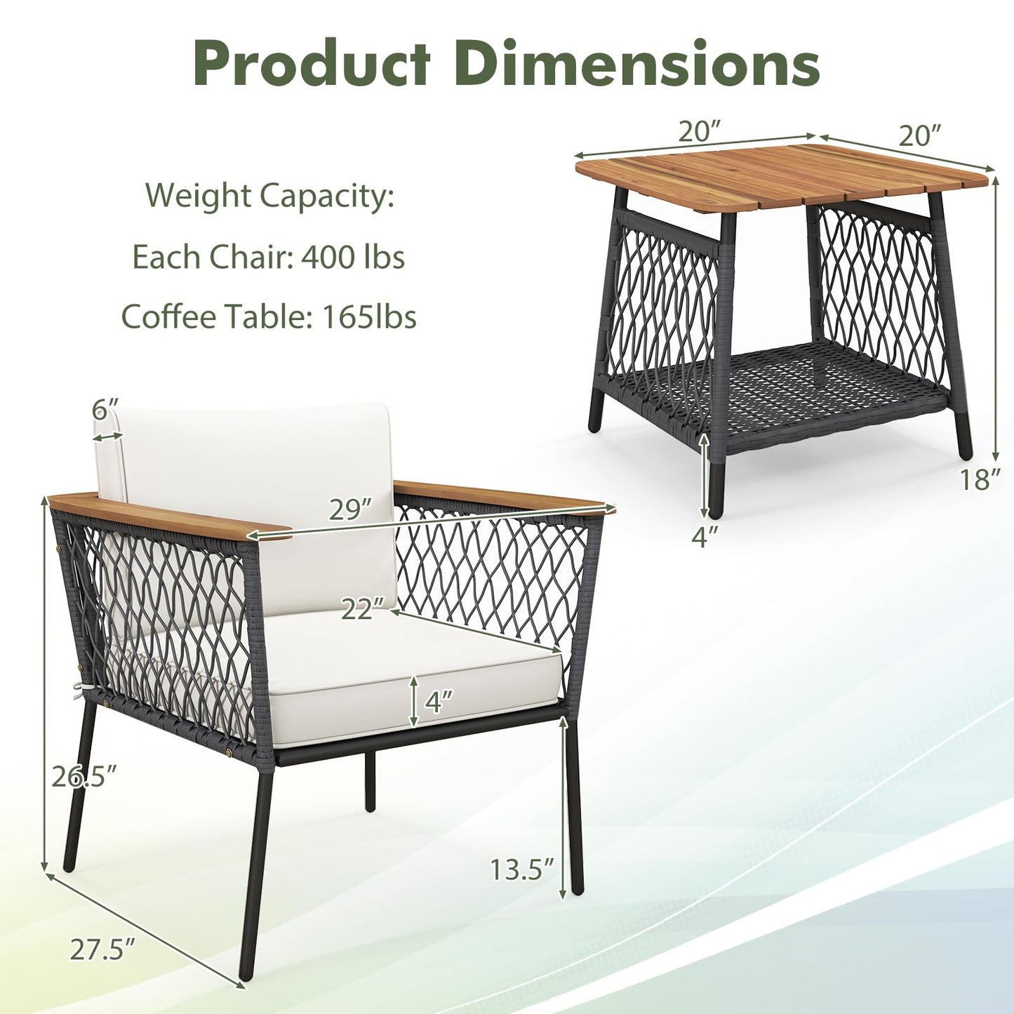 Tangkula 3 Piece Patio Furniture Set, Rattan Chair Set w/ 2-Tier Coffee Table, Acacia Wood Armrests & Tabletop, Soft Seat & Back Cushions