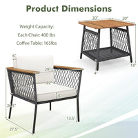 Tangkula 3 Piece Patio Furniture Set, Rattan Chair Set w/ 2-Tier Coffee Table, Acacia Wood Armrests & Tabletop, Soft Seat & Back Cushions