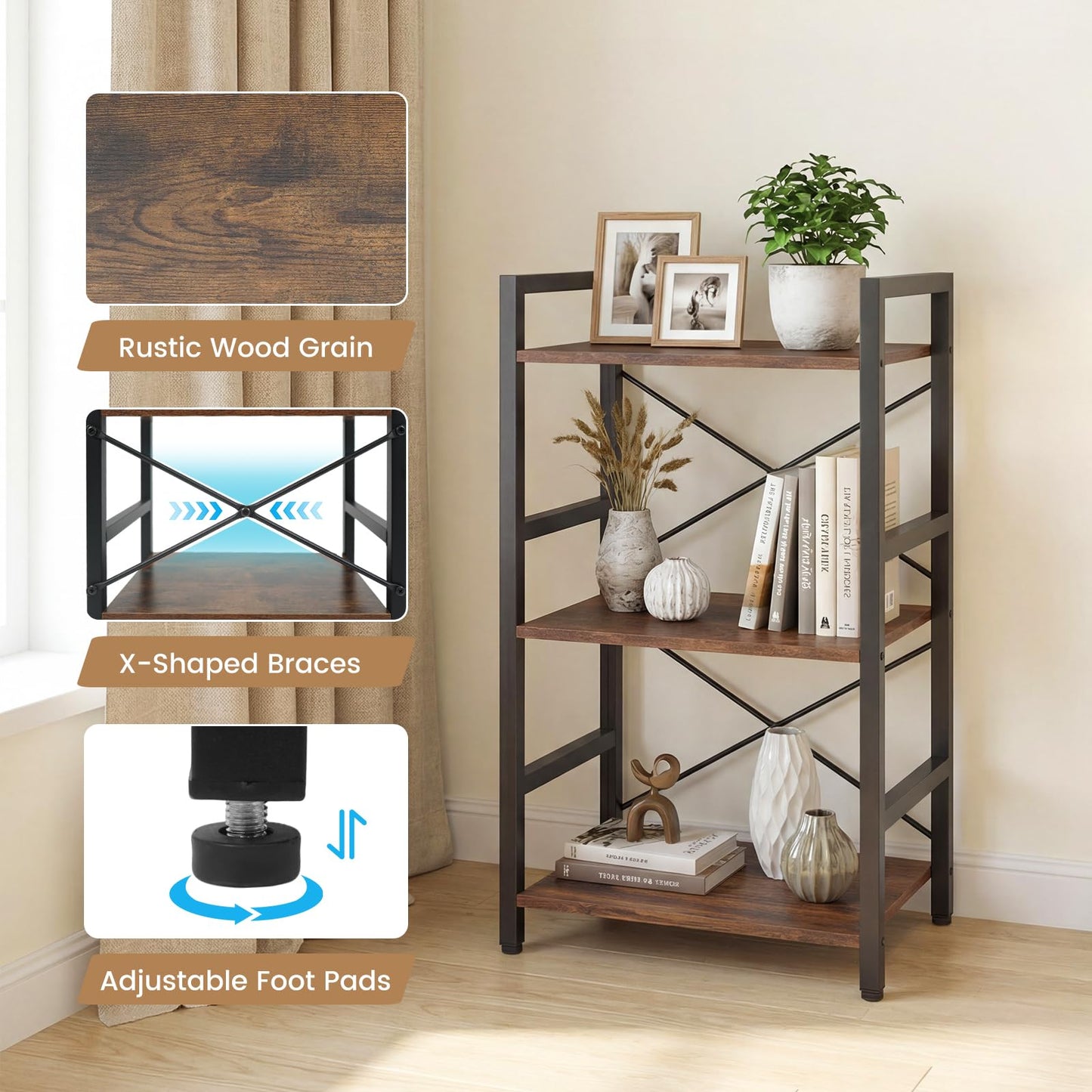 Tangkula 16.5" Width Wooden Open Bookcase with Metal Frame