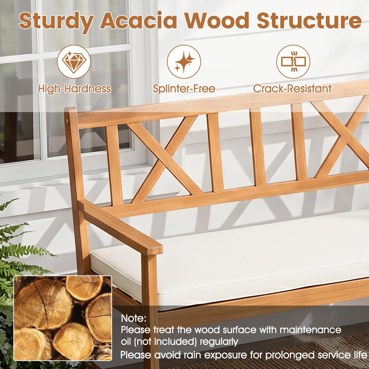 Tangkula 2-Person Acacia Wood Outdoor Bench with Cushion