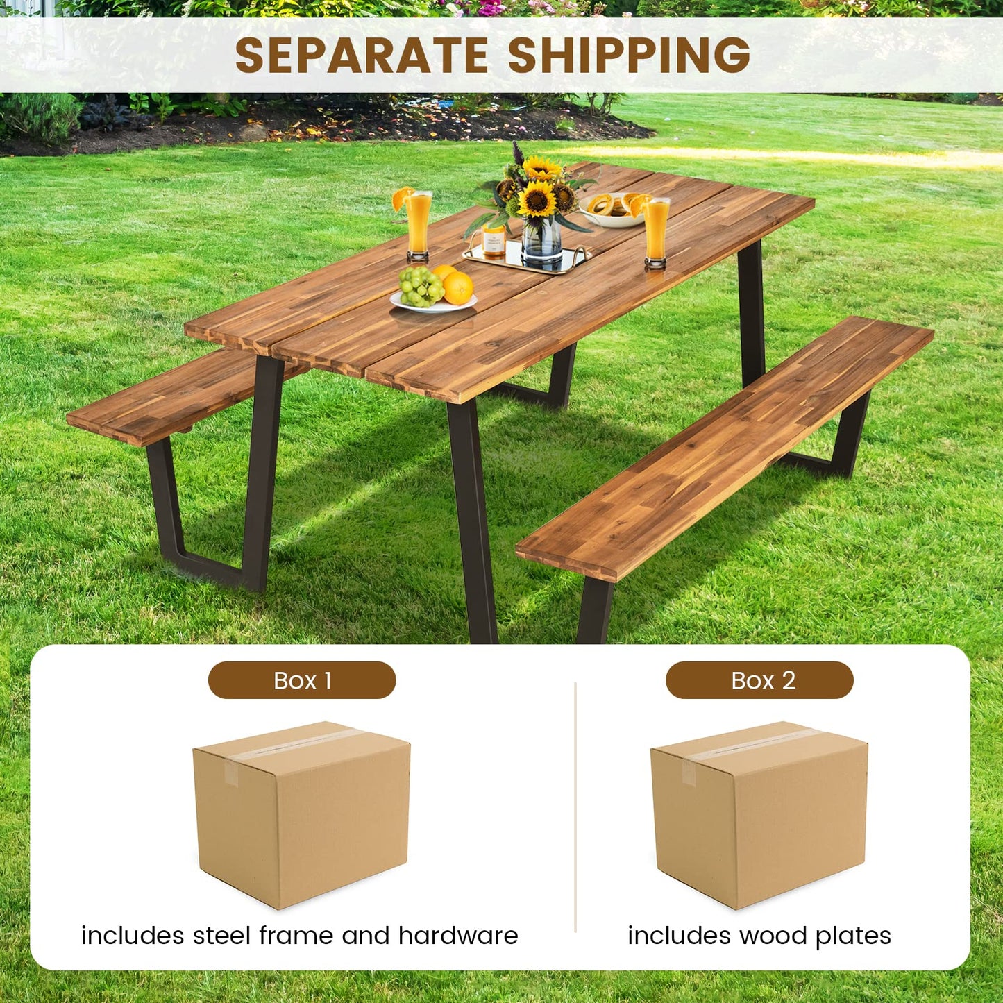 Tangkula Wooden Picnic Table with 2 Built-in Benches