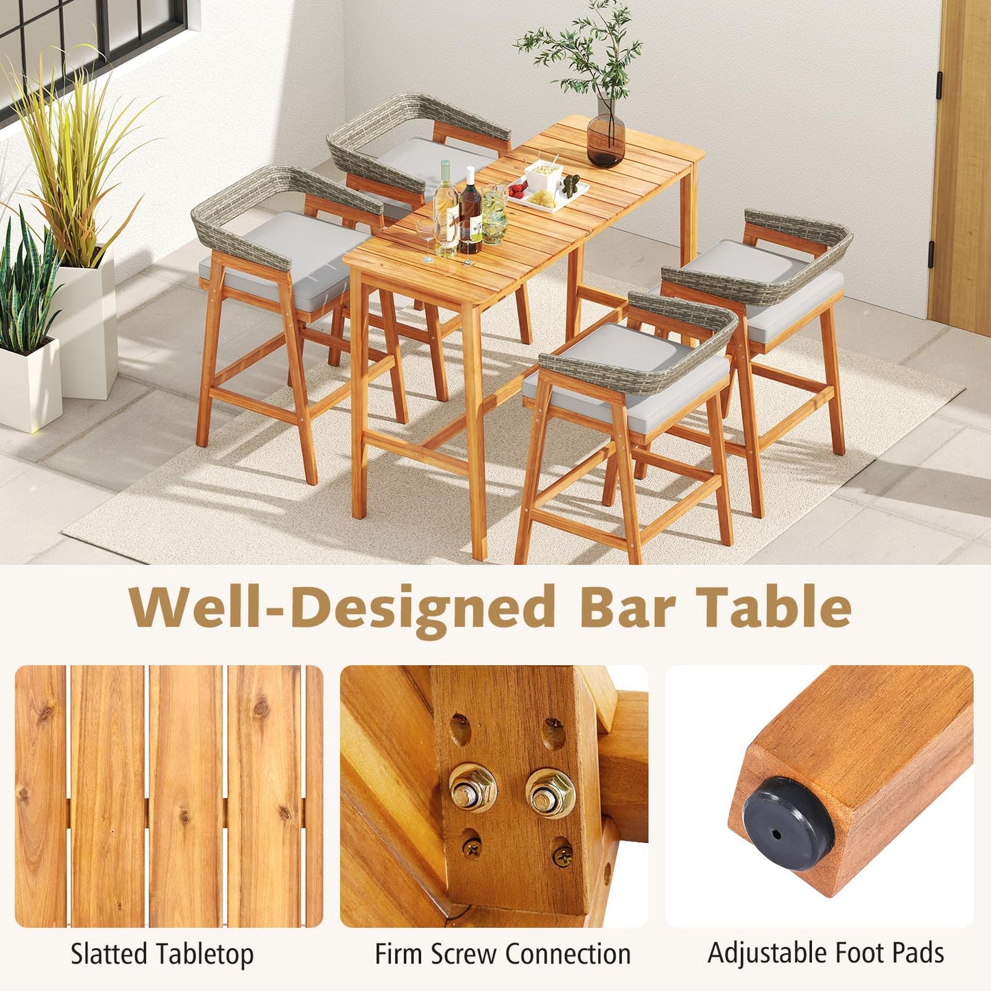 Tangkula Patio Bar Table 54” x 22” Acacia Wood Counter Height Table