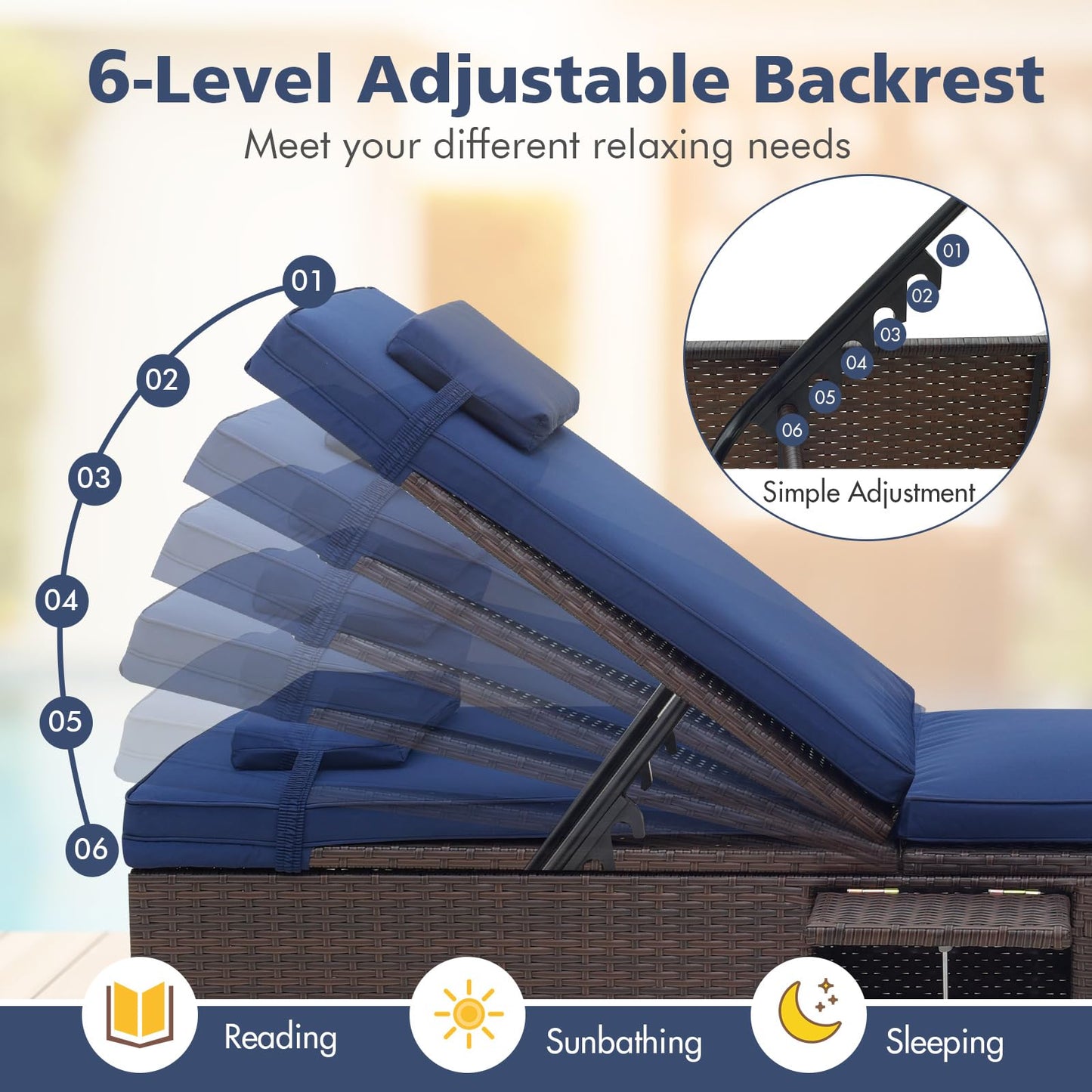 Tangkula Patio Chaise Lounge, Outdoor PE Rattan Lounge Chair w/ 6-Level Backrest