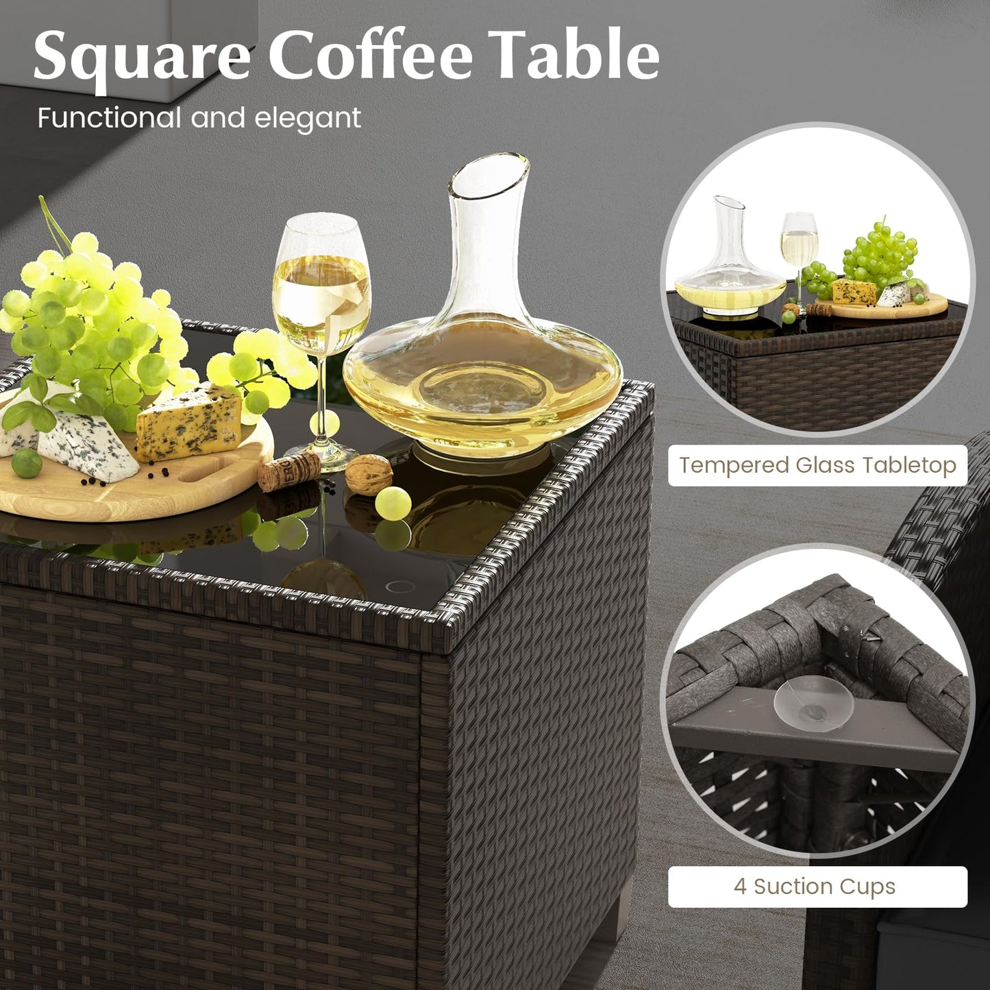Tangkula 5 Piece Patio Rattan Furniture, Wicker Cushioned Chairs Set w/ 2 Ottomans & Tempered Glass Coffee Table