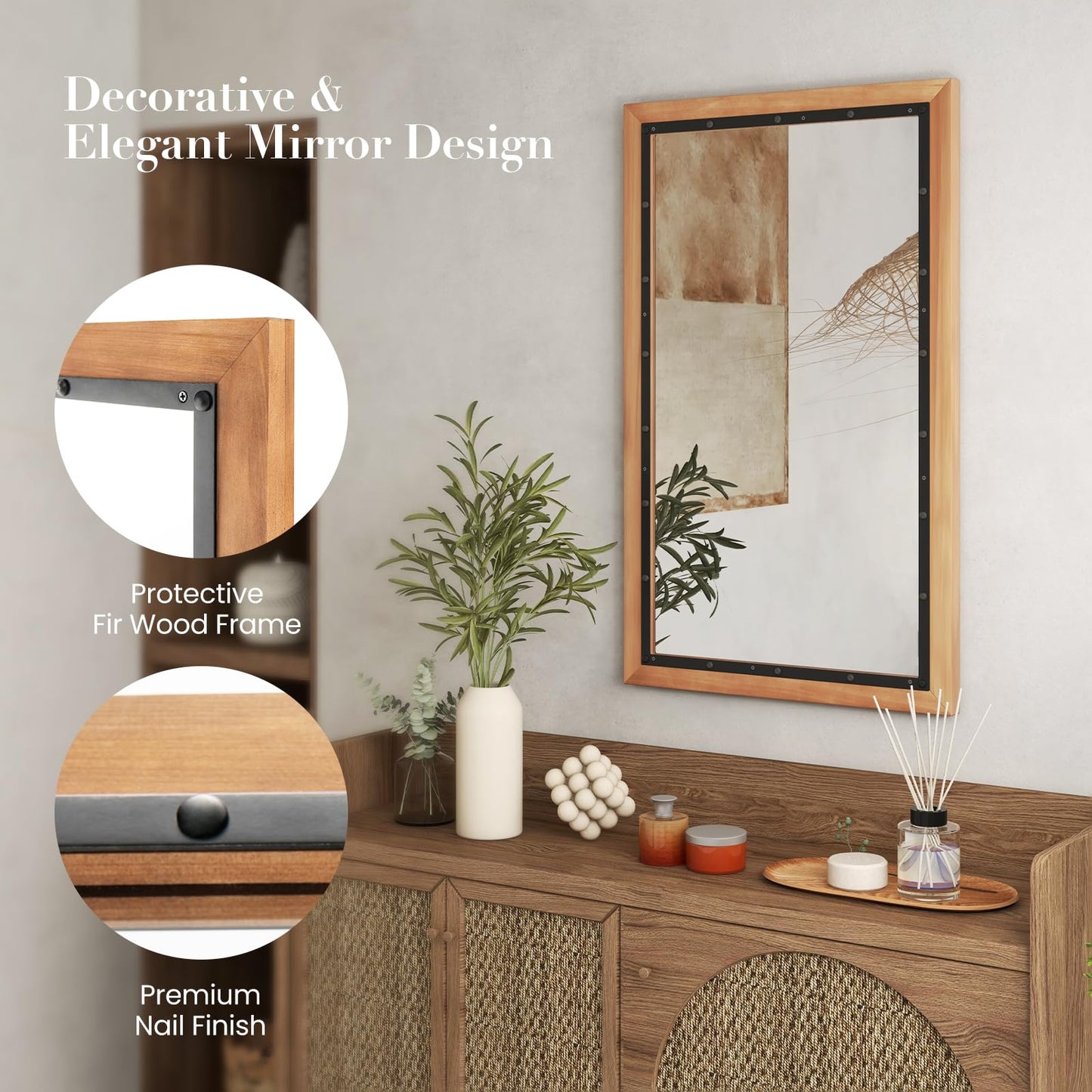 Miroir rustique en bois Tangkula, miroir mural rectangulaire avec cadre et panneau arrière