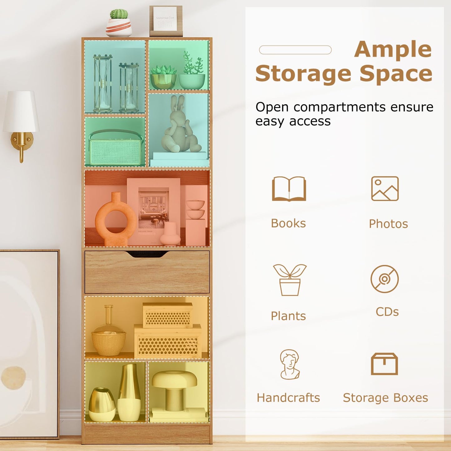 Tangkula 61” Tall Open Bookcase with Drawer 8-Cube Display Storage Cabinet Organizer(1/2)