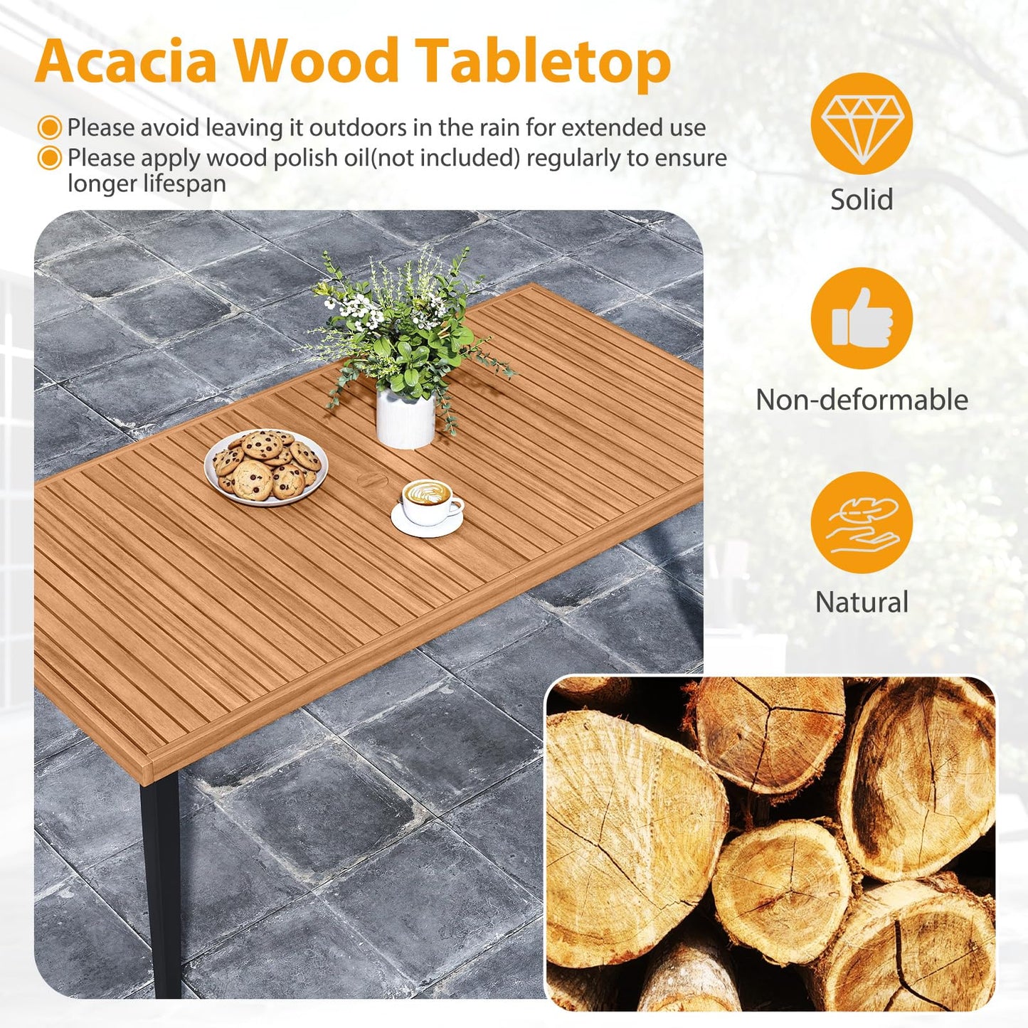 Tangkula 63" Outdoor Indoor Dining Table with Acacia Wood Slatted Tabletop