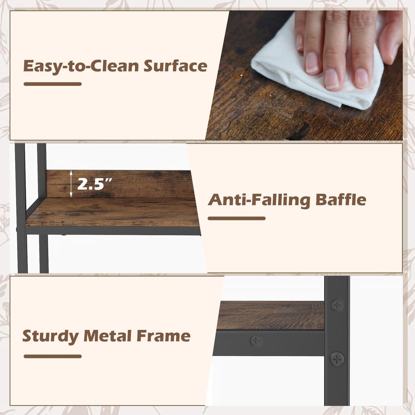 Tangkula 3-Tier Bookshelf with Wooden Shelves and Metal Frame