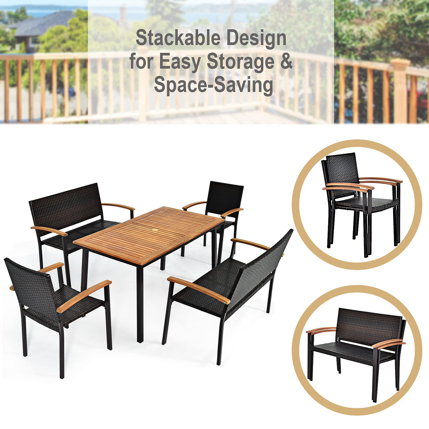 Tangkula 5 Pieces Patio Dining Set, Modern Conversation Set w/Solid Wood Table & Umbrella Hole for Backyard Garden Porch
