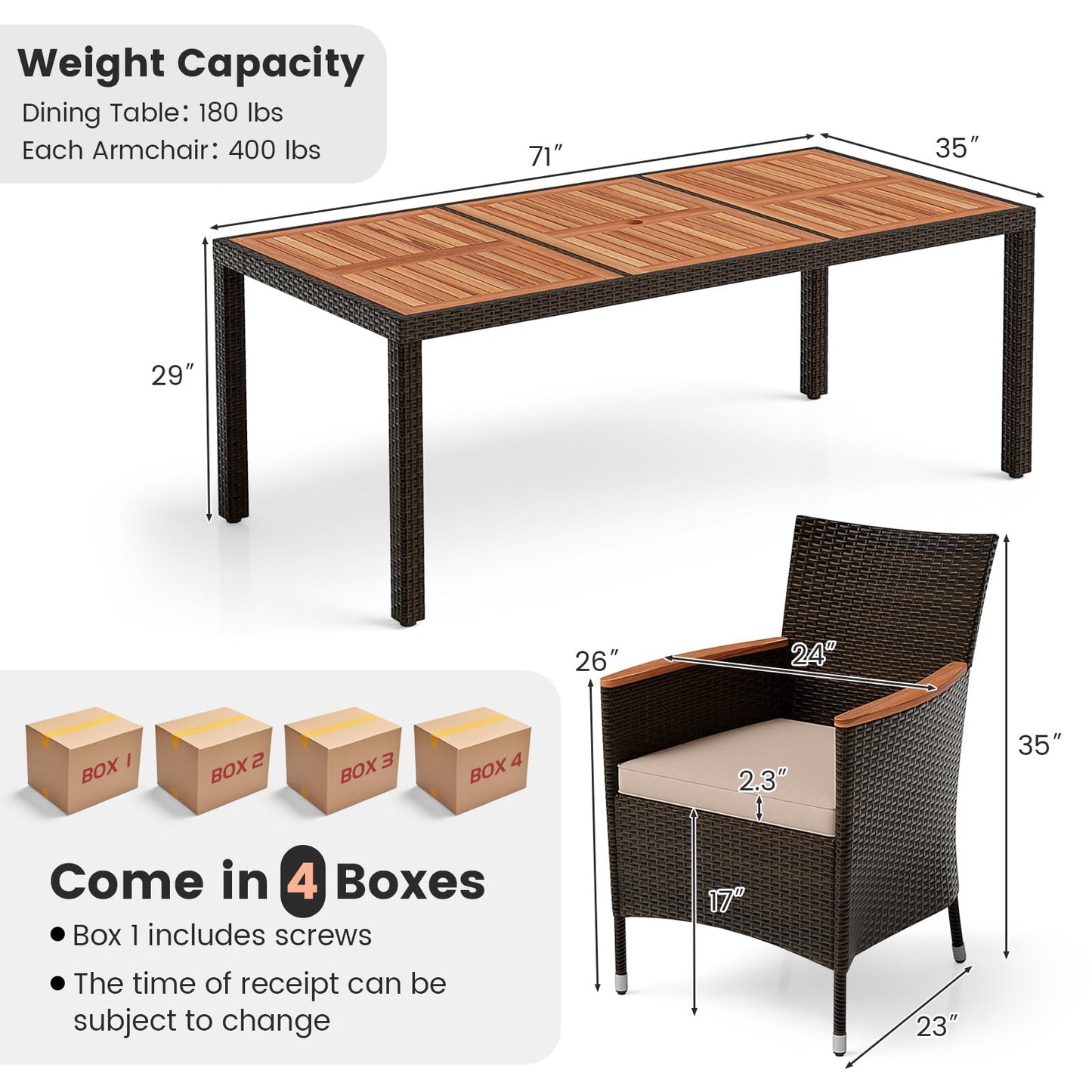 Tangkula 7 or 9 Piece Outdoor Dining Set, Patio Wicker Furniture Set with Acacia Wood Table Top w/Umbrella Hole