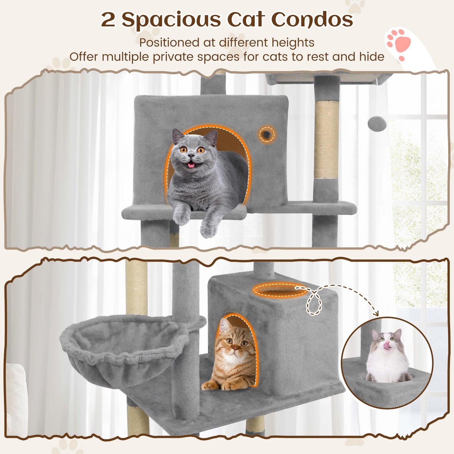 Tangkula 80 Inch Tall Cat Tree with 2 Condos Plush Perch Dangling Toys for Indoor Cats