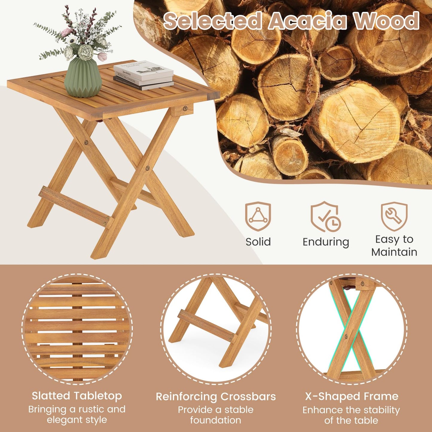 Tangkula Table d'appoint pliable d'extérieur en bois d'acacia avec pieds en X et plateau à lattes