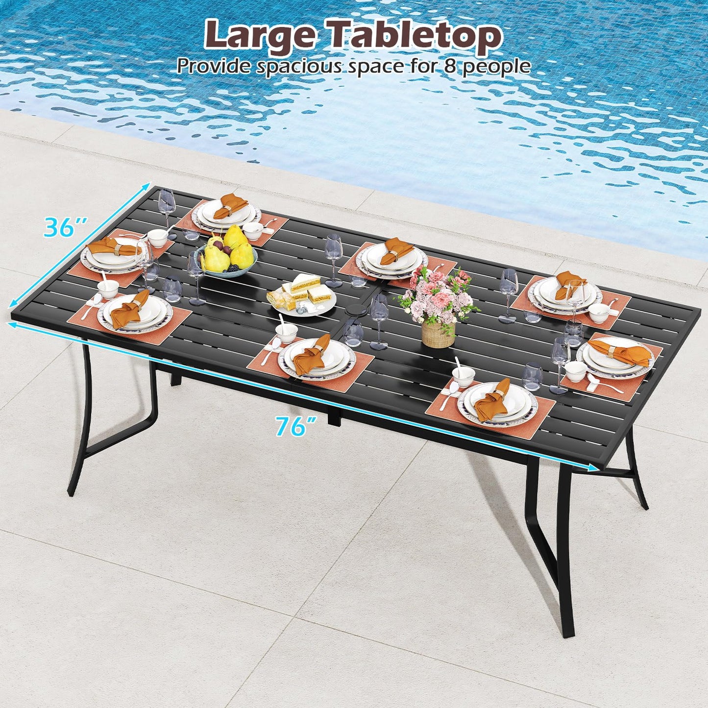 Tangkula 76” Rectangular Patio Table with Umbrella Hole and 8 Swivel Chairs with Heavy-Duty Metal Frame