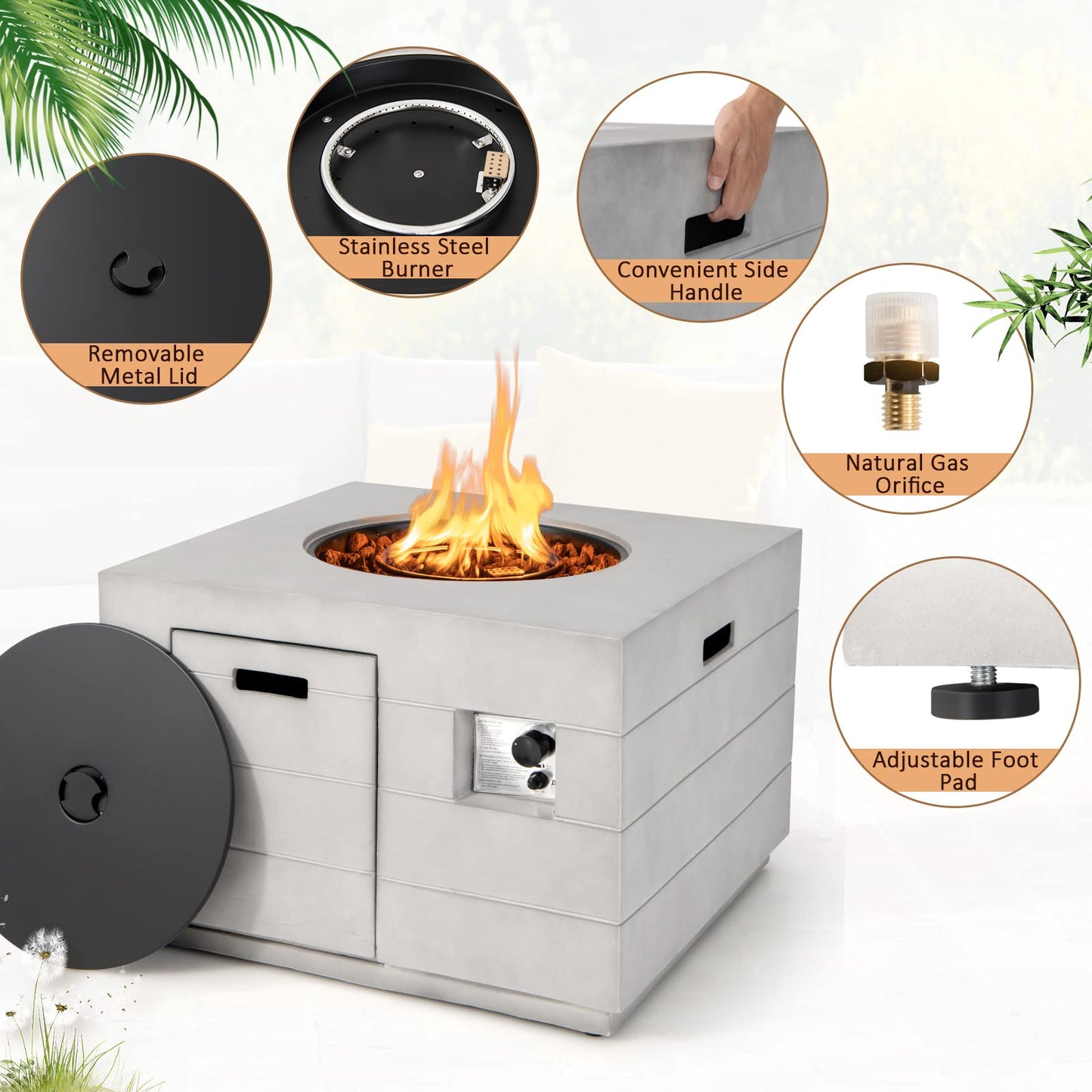 Tangkula 35 Inch Concrete Propane Gas Fire Pit Table, Patiojoy Square Outdoor Propane Fire Table with Protective Cover Lava Rocks & Metal Lid