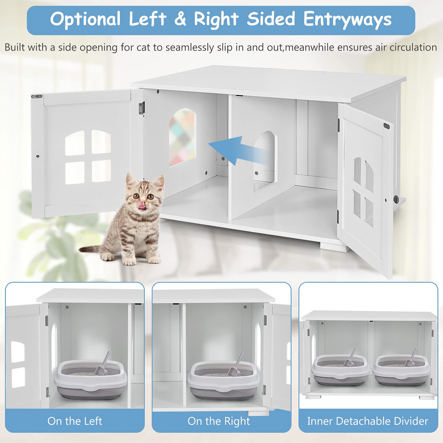 Tangkula Cat Litter Box Enclosure, Nightstand Cat House w/Double Doors & Windows