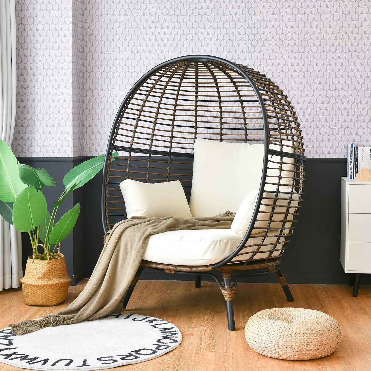 Tangkula Oversized Wicker Egg Chair, Wicker Patio Basket Circle Lounge Chair w/Metal Stand & 4 Thick Cushions, 450 LBS Max Load