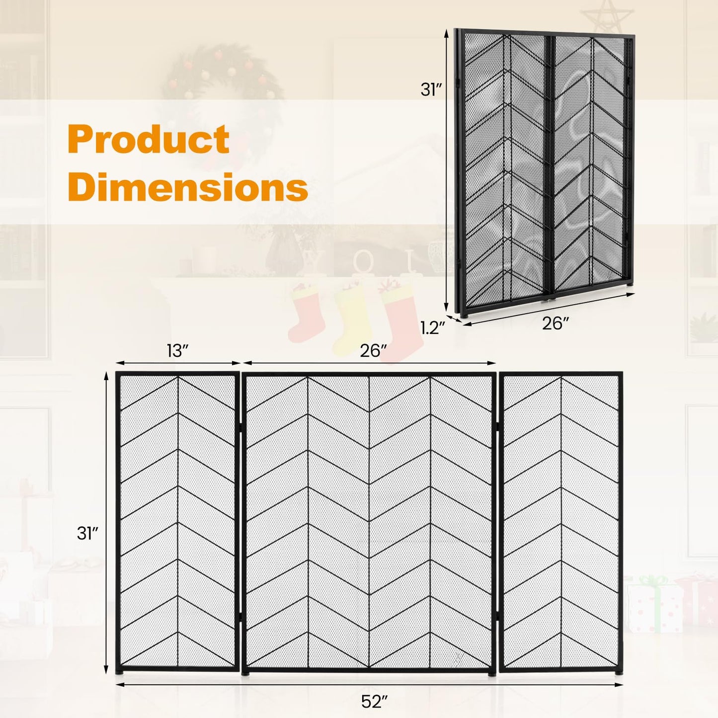 Tangkula 52 x 31 Inch Fireplace Screen, 3-Panel Folding Spark Guard w/Chevron Herringbone Pattern