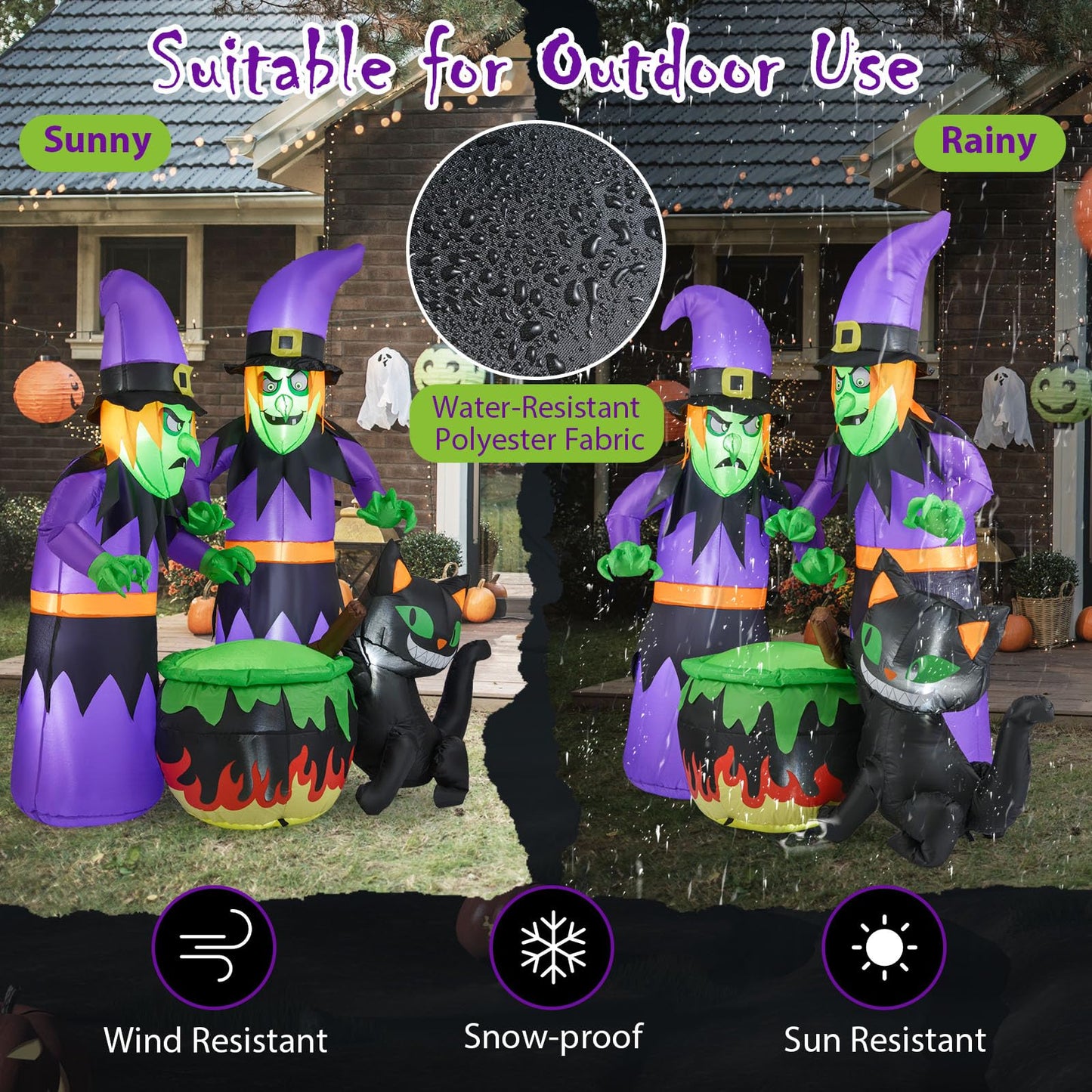 Tangkula Sorcières Gonflables d'Halloween de 6 Pi, 2 Décorations de Sorcières Effrayantes à Souffler avec Chaudron et Chat Noir