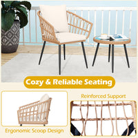 Tangkula 3 Piece Patio PE Rattan Conversation Chairs with Round Glass Table