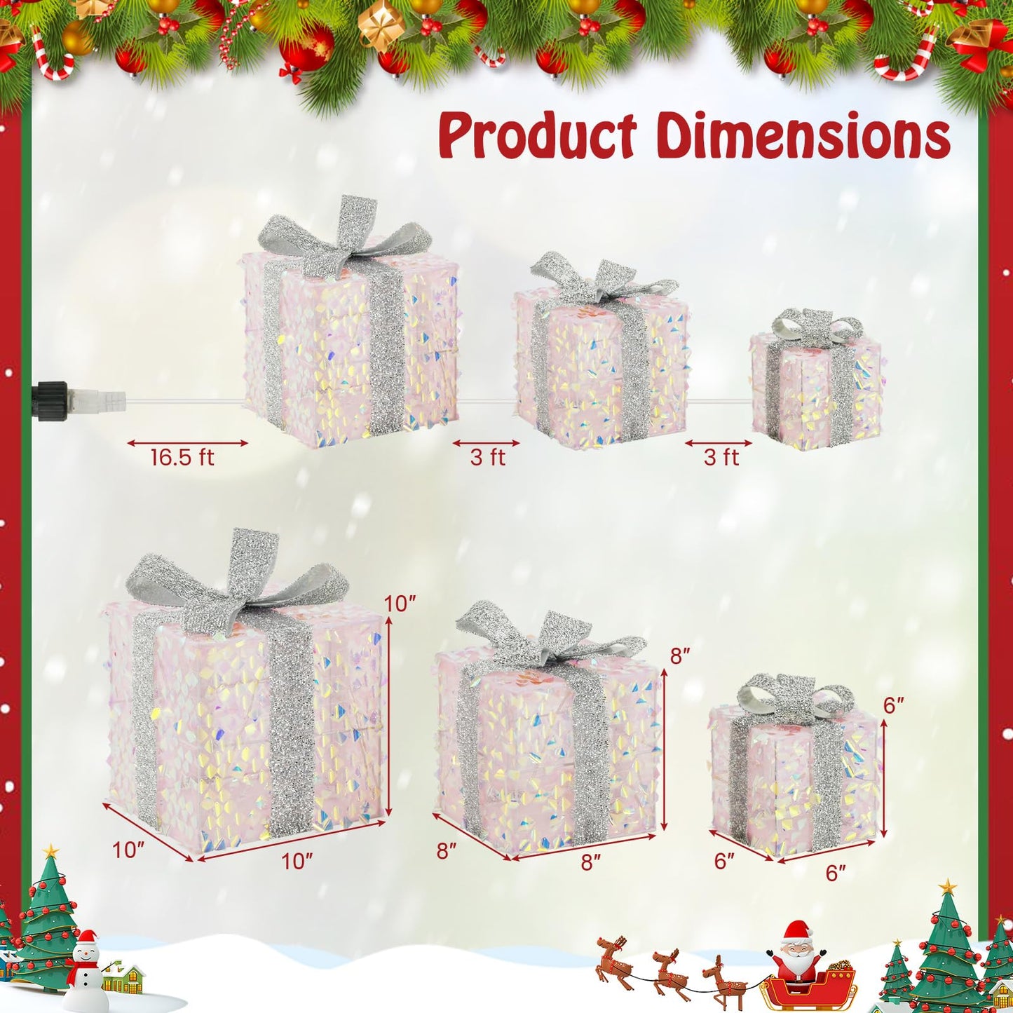 Tangkula Set of 3 Christmas Lighted Gift Boxes, Pre-lit 90 LED Light Up Present Box Decorations with Bows and Plug