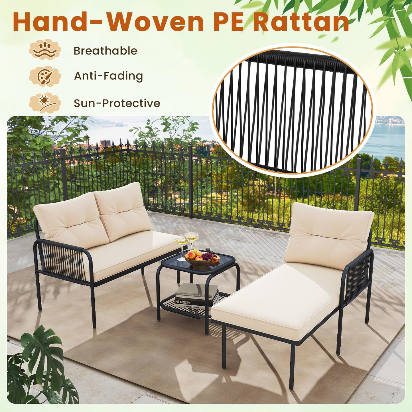 Ensemble de mobilier de patio Tangkula 3 pièces en forme de L avec table en verre trempé