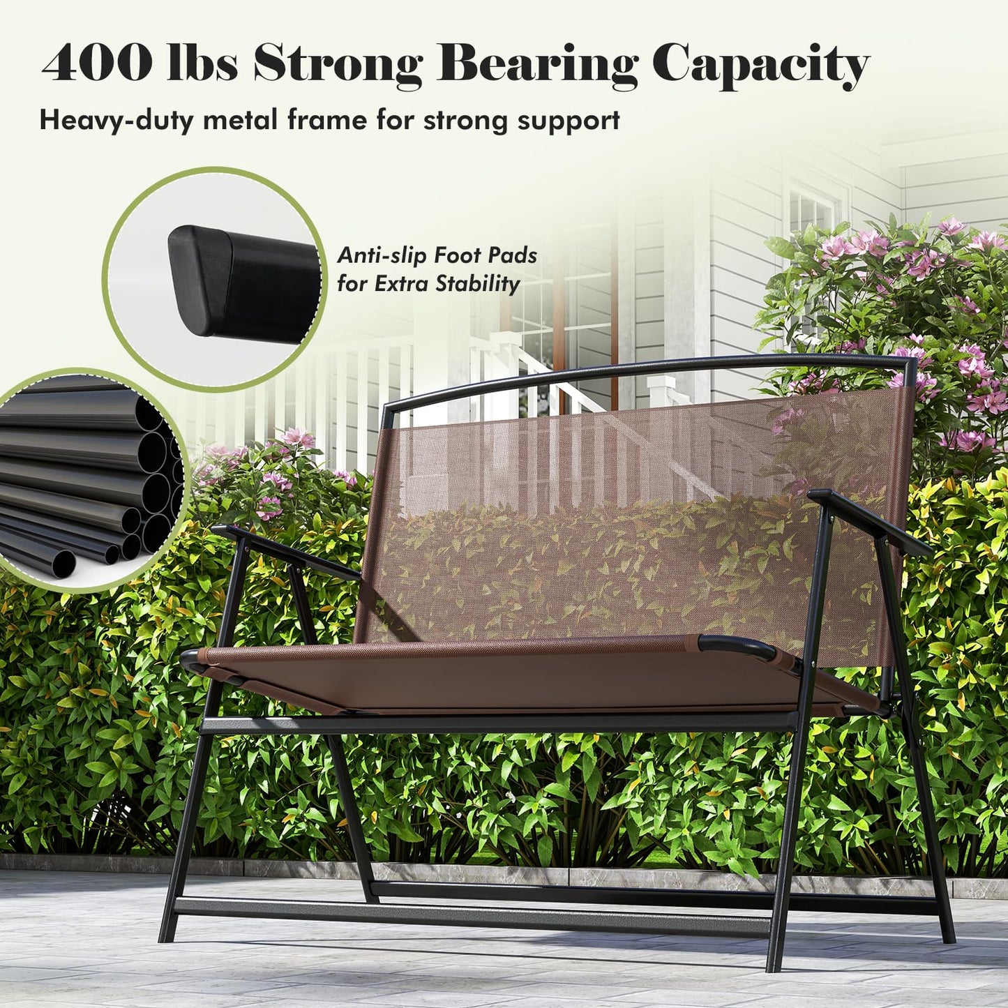 Tangkula Folding Outdoor Garden Bench, 2-Person Patio Bench with Backrest and Armrests