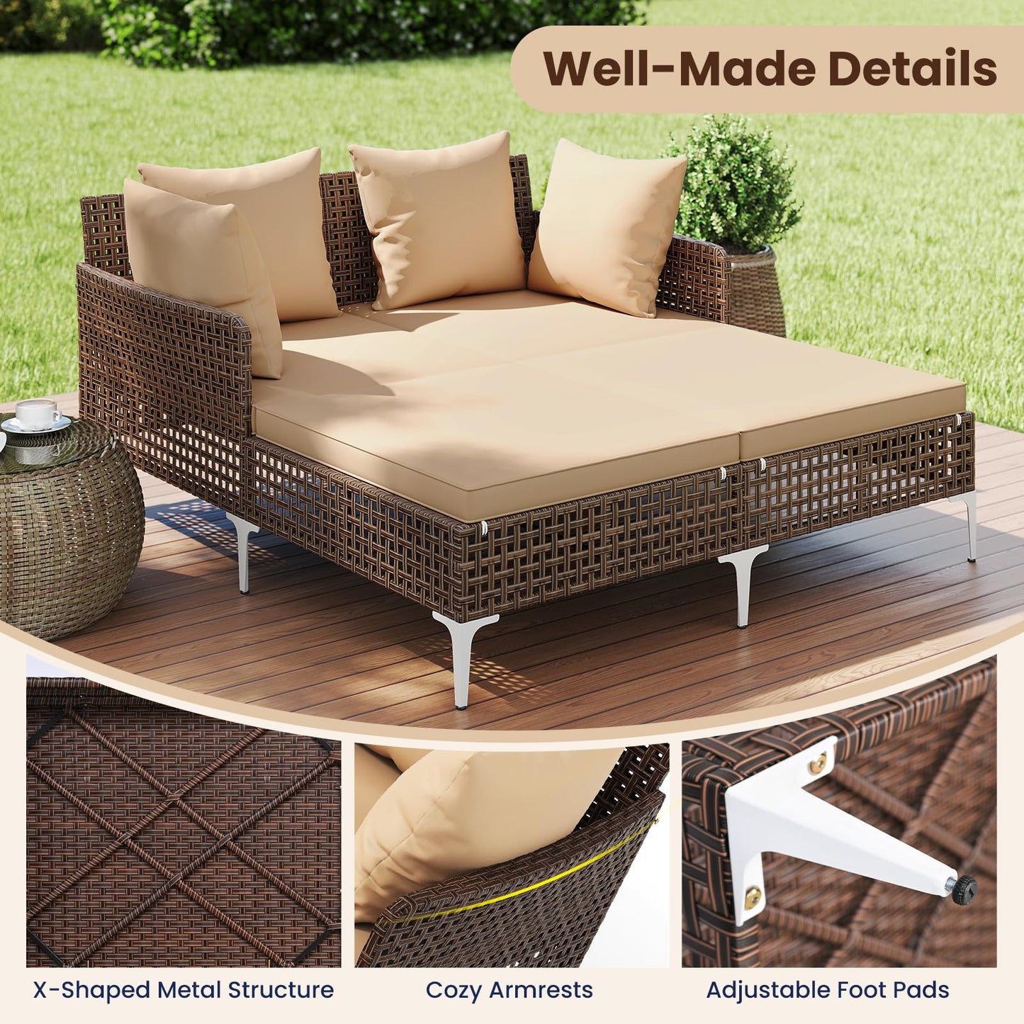 Tangkula Wicker Chaise Lounge for 2 with Seat & Back Cushions