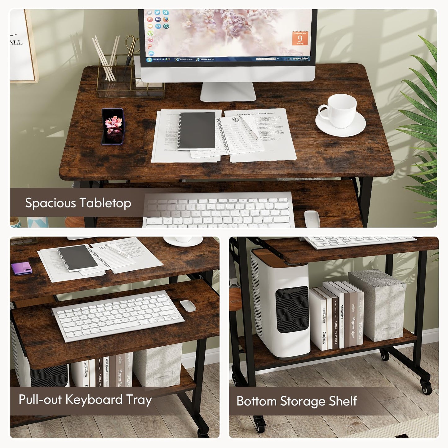 Tangkula Rolling Computer Desk Cart with Keyboard Tray