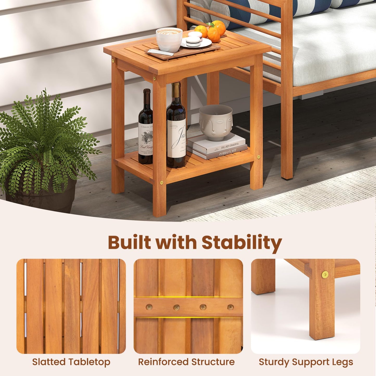 Tangkula Table d'appoint d'extérieur, table de patio à 2 niveaux avec plateau à lattes et étagère de rangement