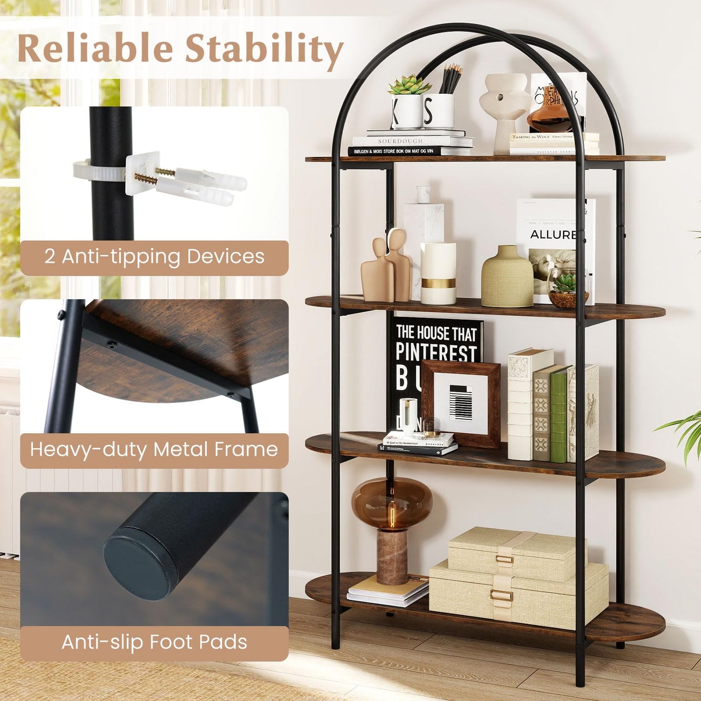 Tangkula 4 Tier Arched Bookshelf 61.5” Industrial Modern Freestanding Storage Rack (1 Pack/2 Pack)