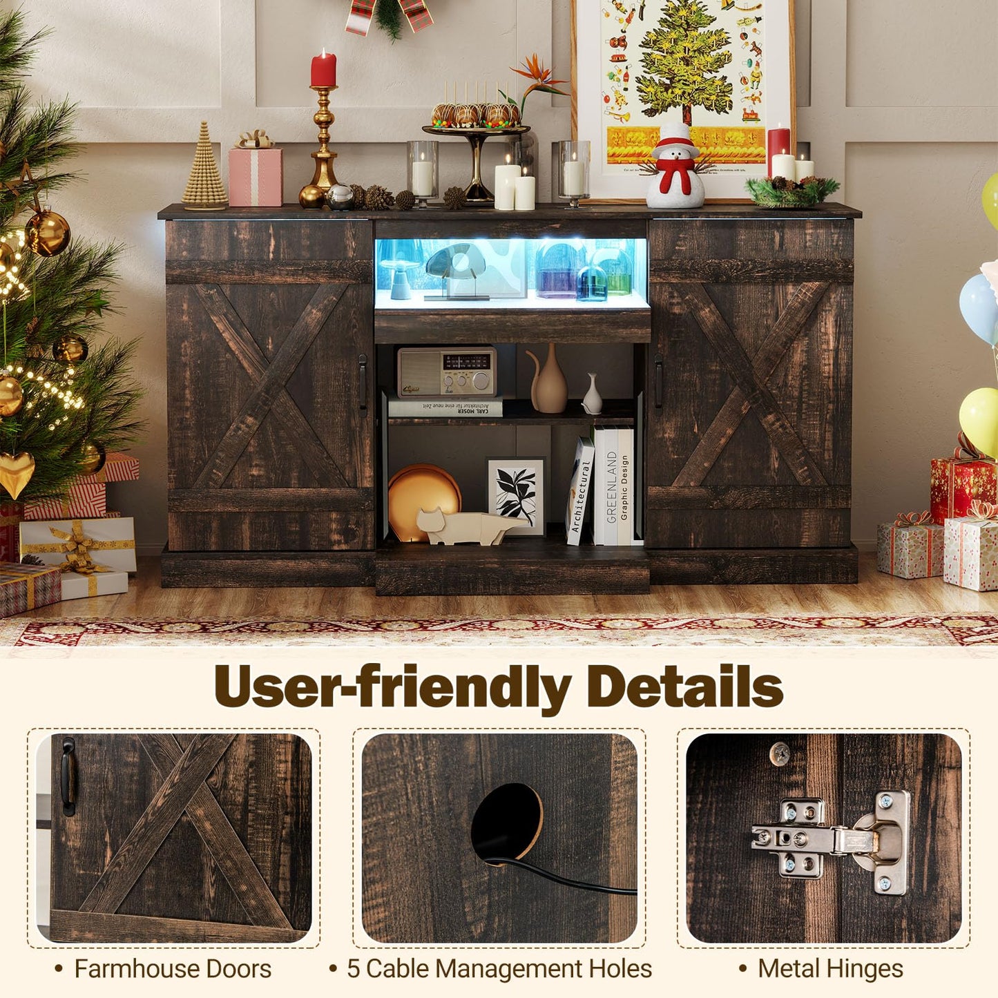 Tangkula 58”L Farmhouse LED TV Stand for TV up to 65 Inch