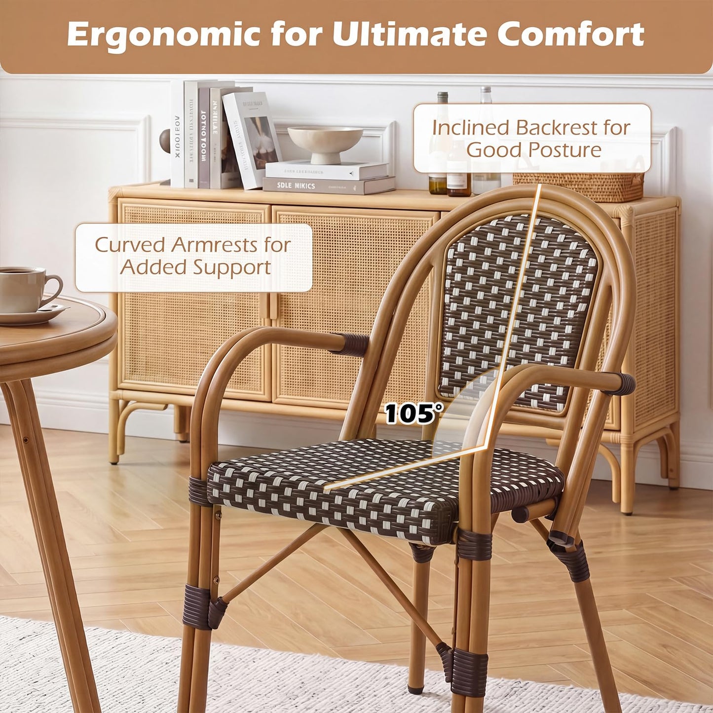 Tangkula Outdoor French Bistro Chairs Hand-Woven PE Wicker Patio Chairs(2/4)