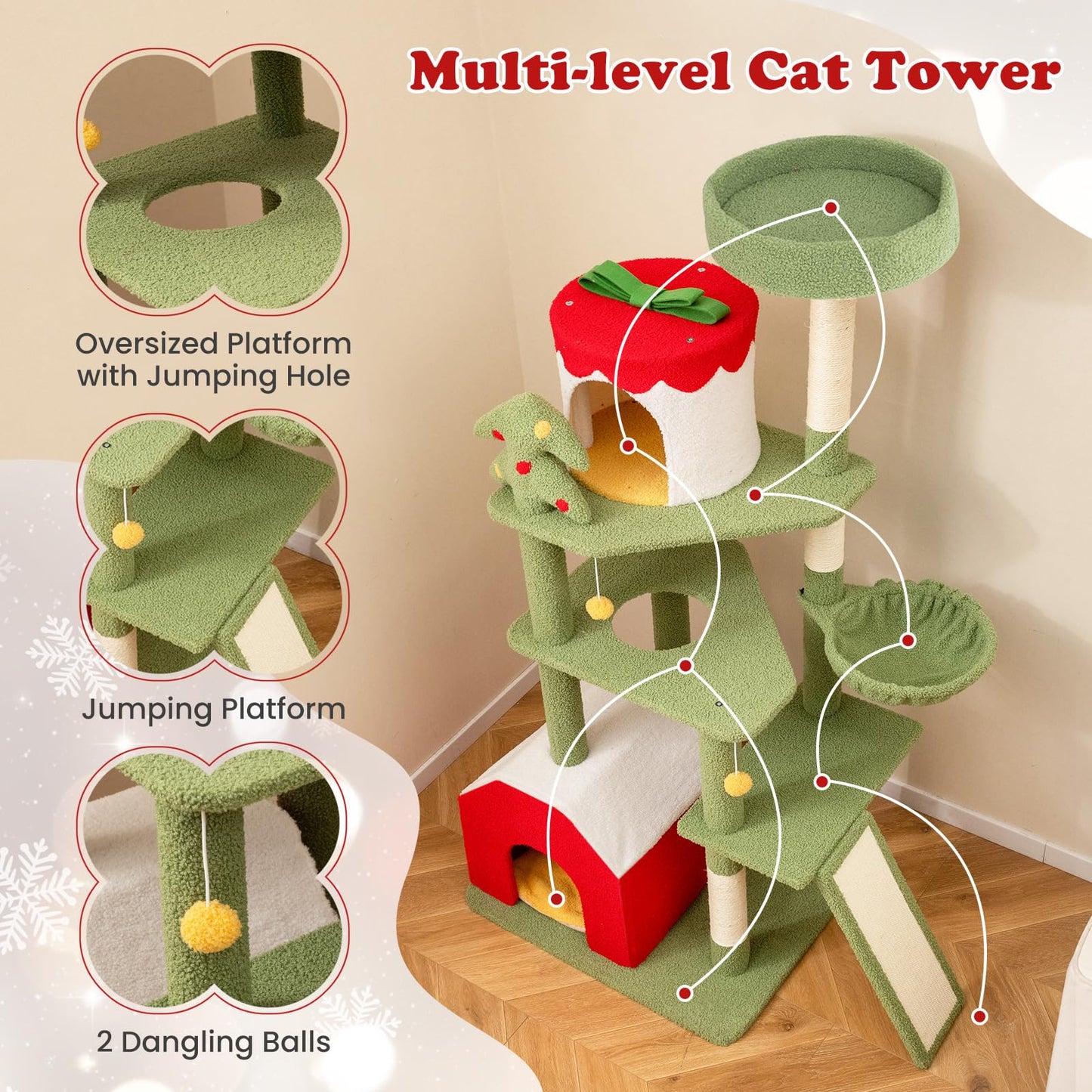 Tangkula Christmas Cat Tree, 61” Tall Cat Tower with Sisal Scratching Posts & Climbing Ladder