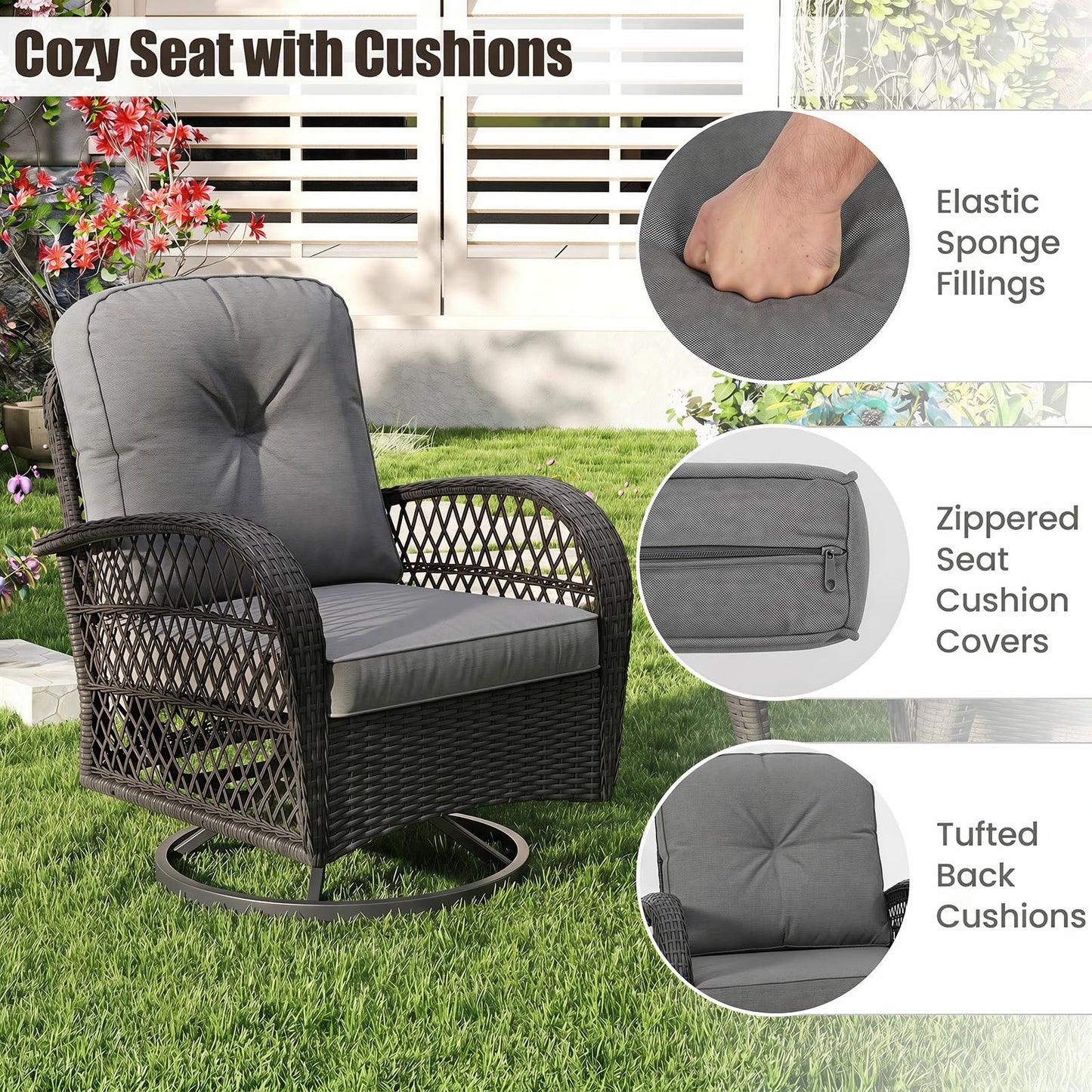 Tangkula 3 Piece Patio Swivel Rocker Set 2 Outdoor Wicker Rocking Chairs